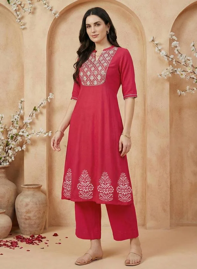 globus Red Mandarin Collar Embroidered Kurta with Wide Leg Pants Set